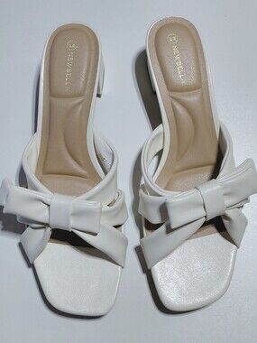NEWBELLA Women's Cream Slip On  Bow Details Block Heel Sandals Size 9
